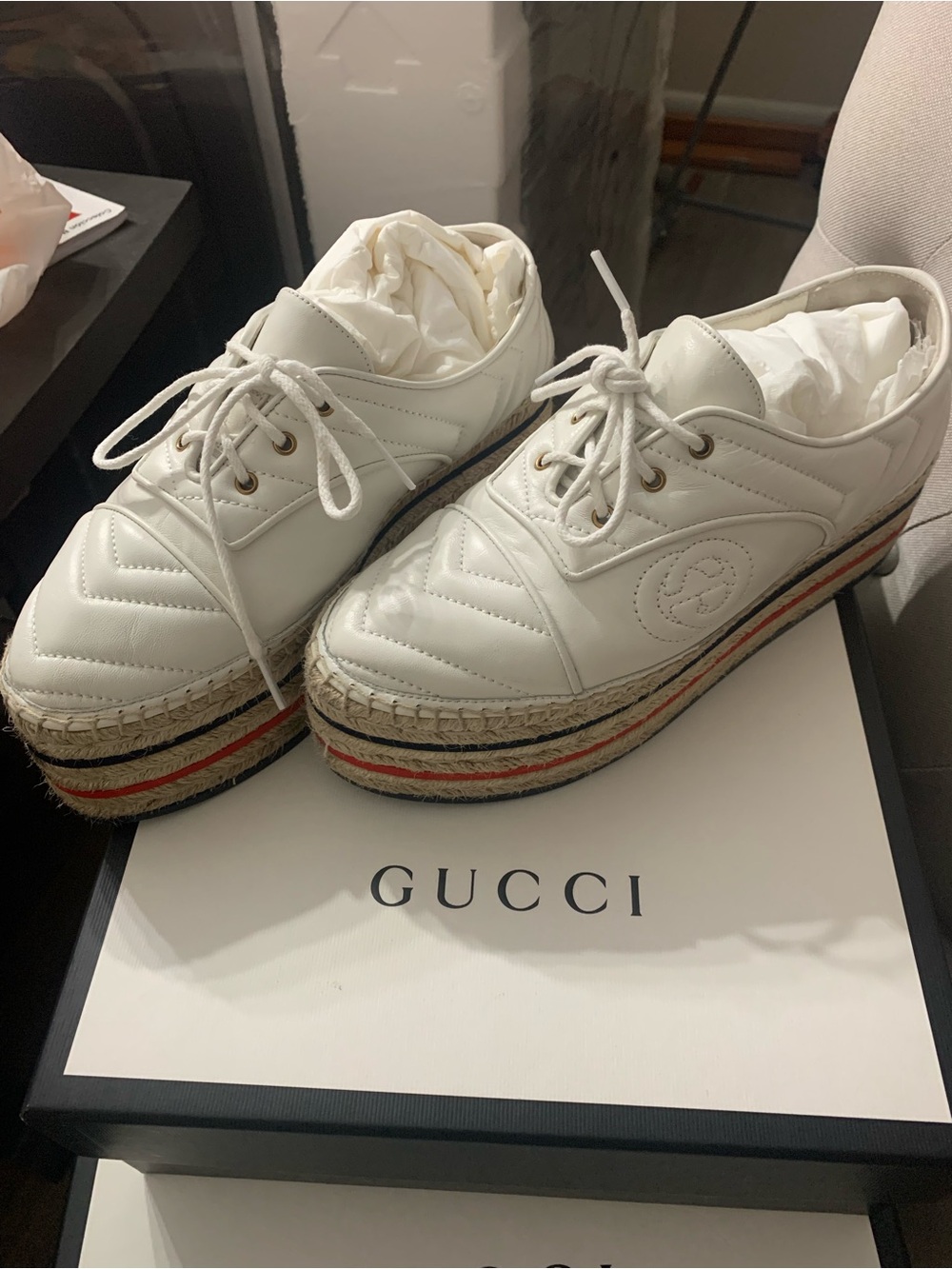 Gucci White Leather Platform Espadrille Sneakers with Red and Blue Stripe